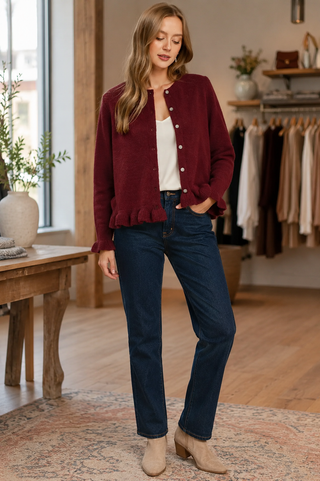 Merlot Ruffle Hem Cardigan