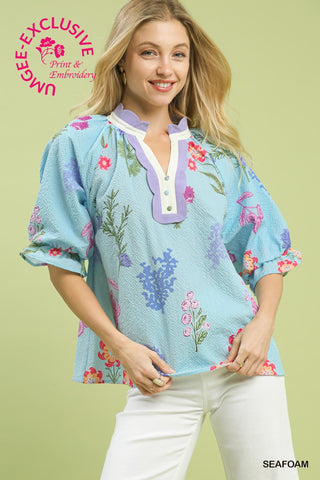 Floral Blouse with Scallop Trim Collar