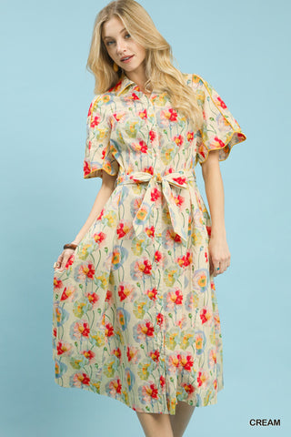 Button-Down Floral Midi Dress with Tie Waist