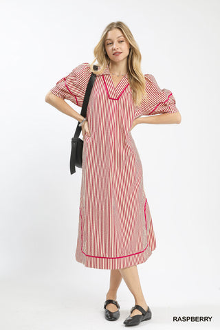 Striped Midi Dress with Puff Sleeves