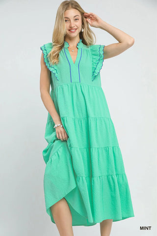 Seersucker Ruffle Sleeve Tiered Midi Dress