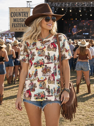 Judy Vintage Western Print Short Sleeve T-Shirt Top