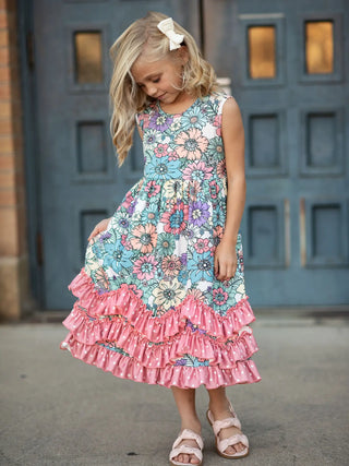 Girls Pastel Pink Floral Ruffle Dress