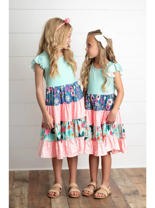 Girls Ava Mint Pink Spring Summer Floral Tiered Dress
