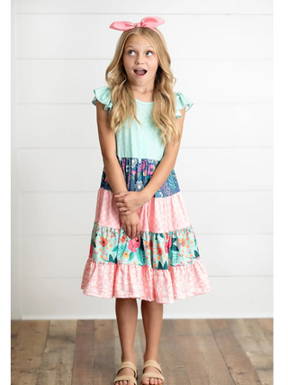Girls Ava Mint Pink Spring Summer Floral Tiered Dress