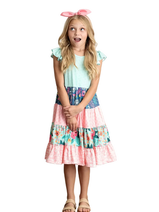 Girls Ava Mint Pink Spring Summer Floral Tiered Dress