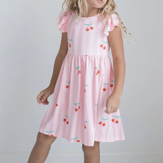 Girls Claire Pink Stripe Cherry Spring Summer Twirl Dress