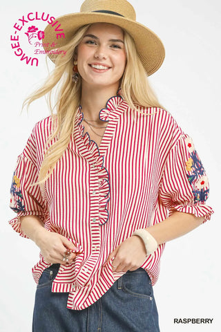 Embroidered Ruffle Trim Stripe Blouse