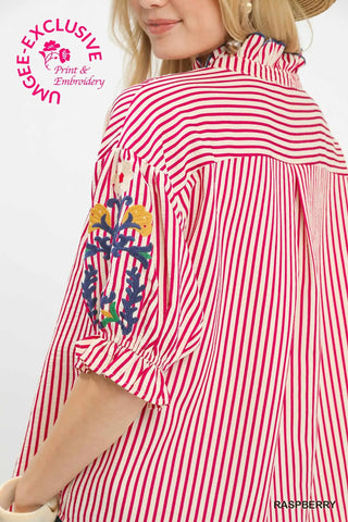 Embroidered Ruffle Trim Stripe Blouse