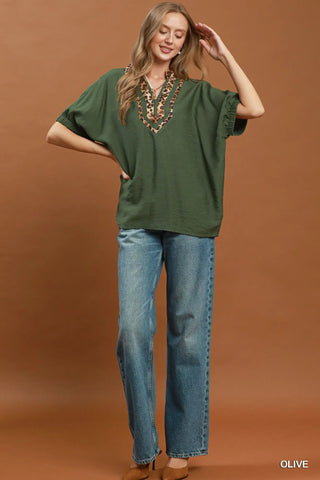 Wild Olive Leopard Trim Top