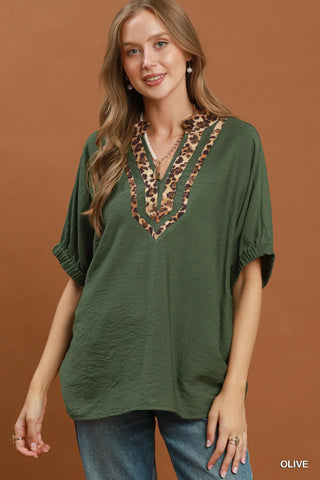 Wild Olive Leopard Trim Top