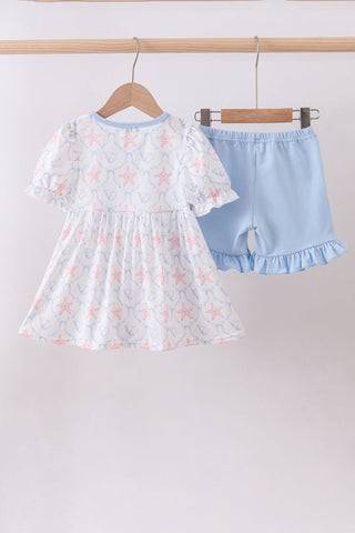 Blue Starfish Shell Ruffle Shorts Set