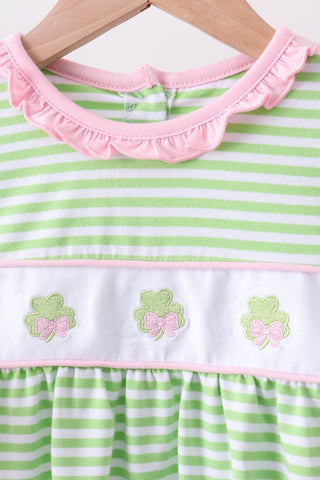 Green Clover Embroidery Stripe Bow Bloomer Set