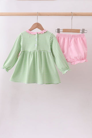 Green Clover Embroidery Stripe Bow Bloomer Set