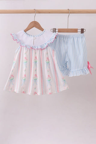 Blue Floral I Love Mama Smocked Ruffle Shorts Set