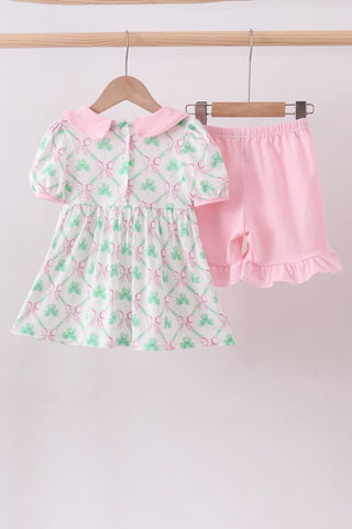 Pink Clover Bow Embroidery Shorts Set