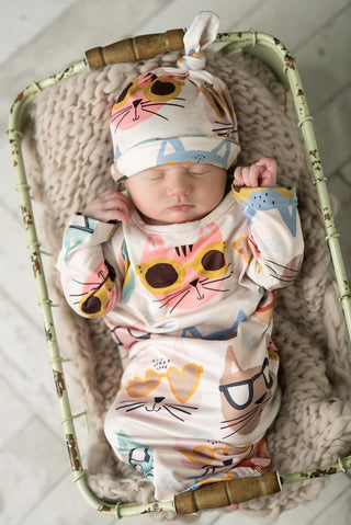 Infant Pastel Cat Baby Gown And Hat Set