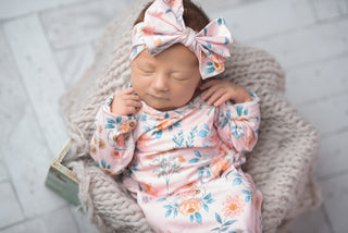 Infant Pink Botanical Baby Gown & Bow Headband