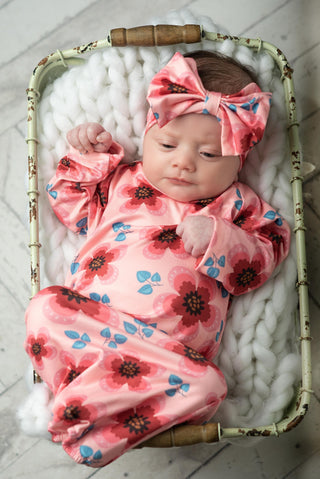 Infant Pink Wine Flower Baby Gown And Bow Headband