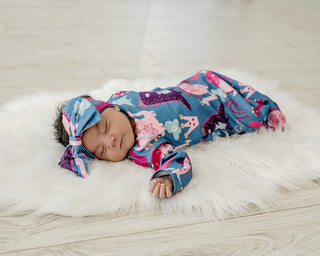Girl Dino Baby Gown And Bow Headband