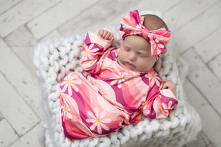 Infant Girls Pink Wave Flower Baby Gown Headband