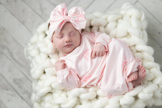 Infant Girls Pink Bows Baby Gown Bow Headband Set