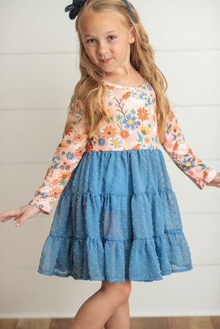 Dusty Blue Flower Swiss Dot Tulle Dress