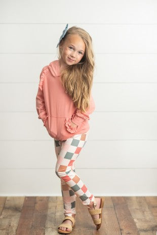 Kids Terra Cotta Ruffle Hoodie Check Leggings Set