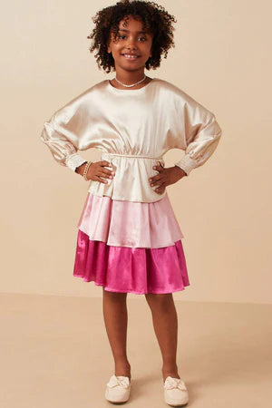 Girls Color Block Tiered Skirt Satin Dress: Pink Mix