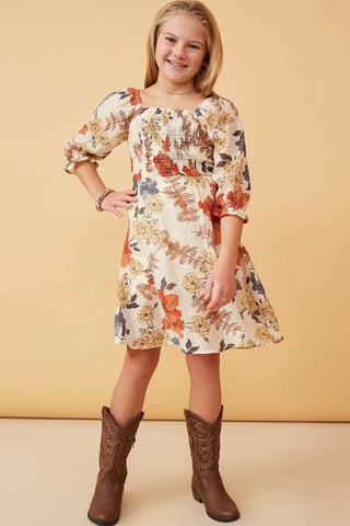 Girls Textured Floral Smocked Square Neck Dress