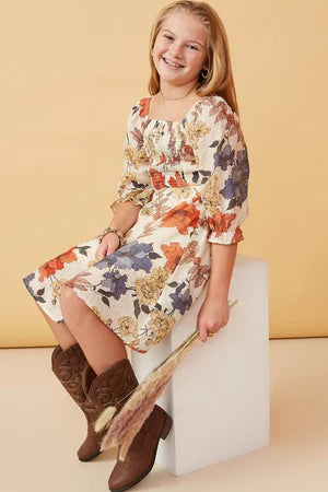 Girls Textured Floral Smocked Square Neck Dress