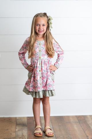 Girls Rose Floral Sage Check Ruffle Pocket Dress