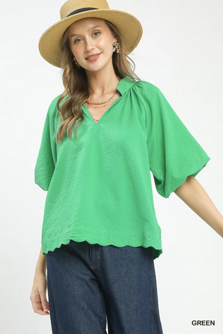 Bubbled Sleeve Seersucker Top - Green