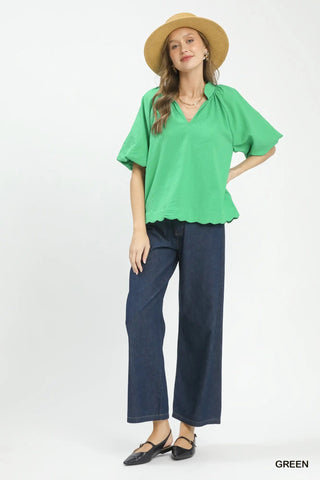 Bubbled Sleeve Seersucker Top - Green