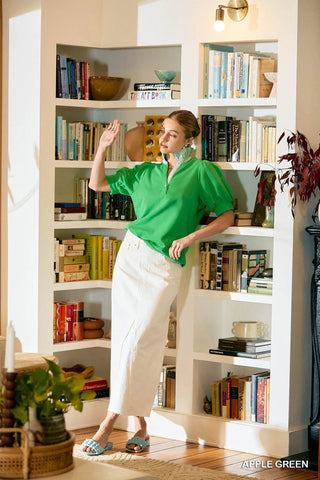 Striped Collar Popover Top - Green