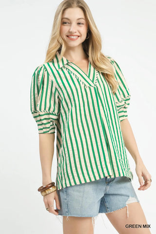 Striped Puff Sleeve Blouse - Green