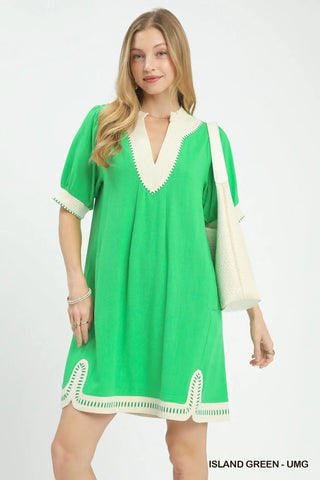 Linen Contrast Trim Midi Dress - Green