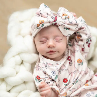 Infant Mod Pink and Floral Gown and Bow Set