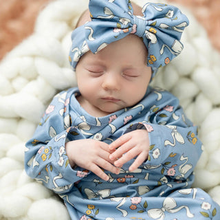 Infant Girls Blue Bow and Pink Floral Baby Gown Set