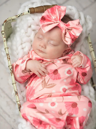 Infant Girls Pink Flower Stem Baby Gown and Bow Headband