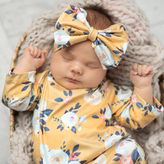 Infant Girls Mustard Baby Gown and Bow Set