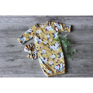 Infant Girls Mustard Baby Gown and Bow Set