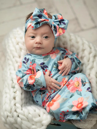Infant Girls Coral Flower and Blue Baby Gown and Bow Set