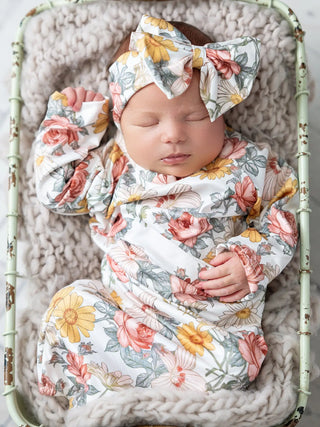 Infant Girls Botanical Ecru Baby Gown and Bow Set