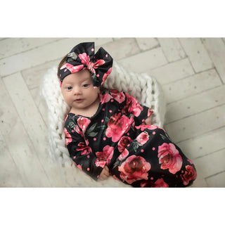 Infant Girls Black Dot Rose and Baby Gown and Bow Set